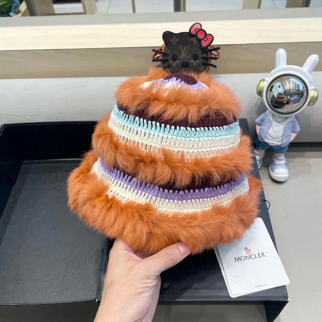 moncler彩色兔毛针织帽女秋冬季拼接保暖毛线帽韩版甜美可爱盆帽女醒狮帽