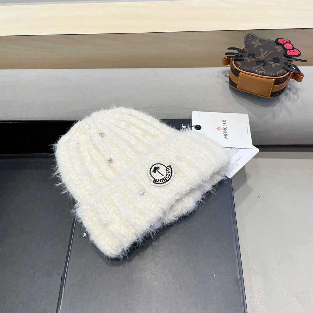 moncler冬季甜美百搭针织帽大头围毛线帽保暖针织帽珍珠装饰护耳帽套头帽