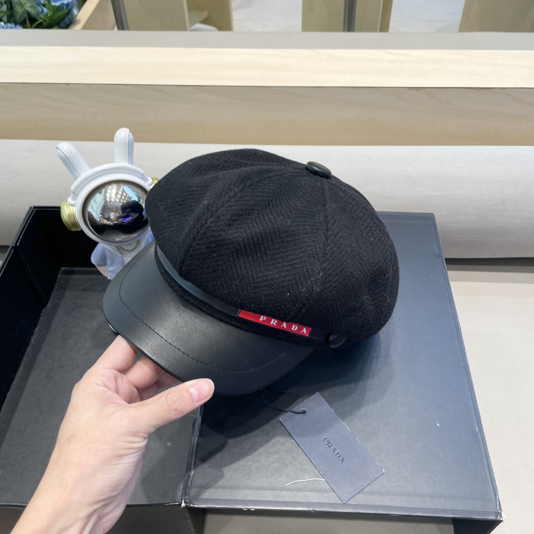 普拉达Prada秋冬新款韩版英伦格子毛呢皮檐八角帽女时尚百搭休闲复古画家帽潮