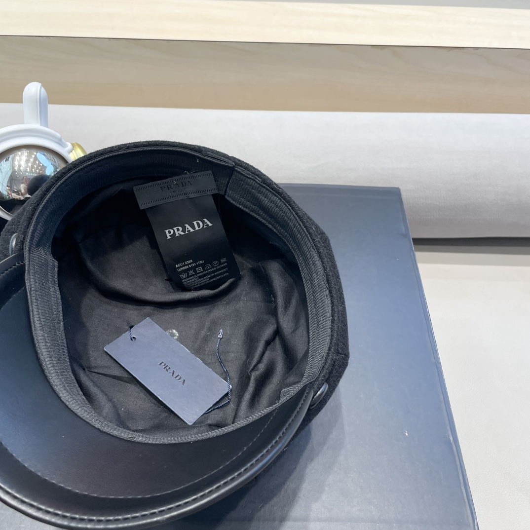 普拉达Prada秋冬新款韩版英伦格子毛呢皮檐八角帽女时尚百搭休闲复古画家帽潮