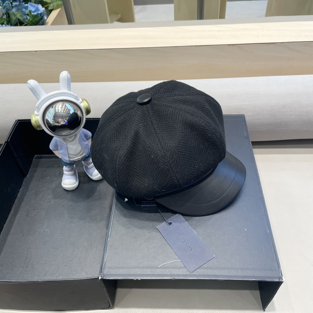 普拉达Prada秋冬新款韩版英伦格子毛呢皮檐八角帽女时尚百搭休闲复古画家帽潮