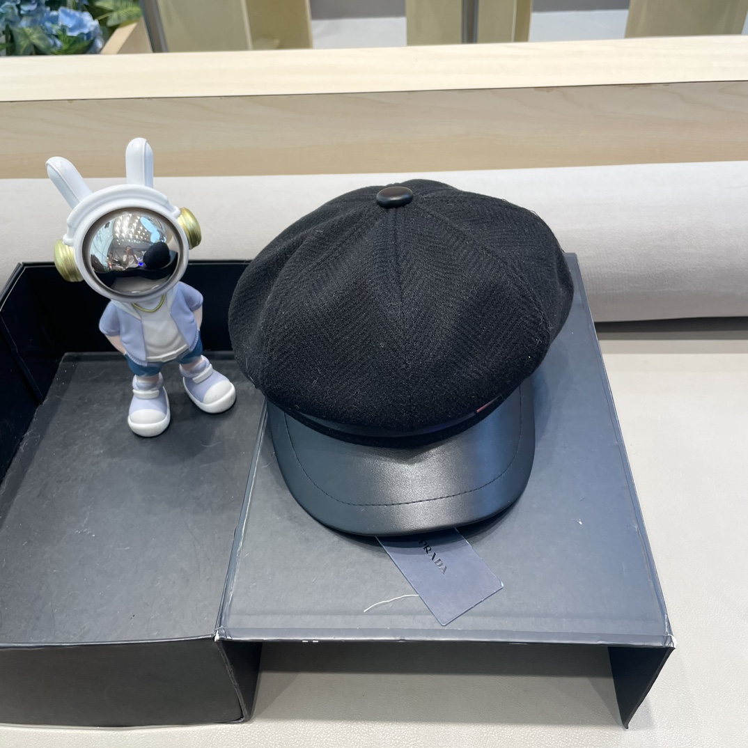 普拉达Prada秋冬新款韩版英伦格子毛呢皮檐八角帽女时尚百搭休闲复古画家帽潮