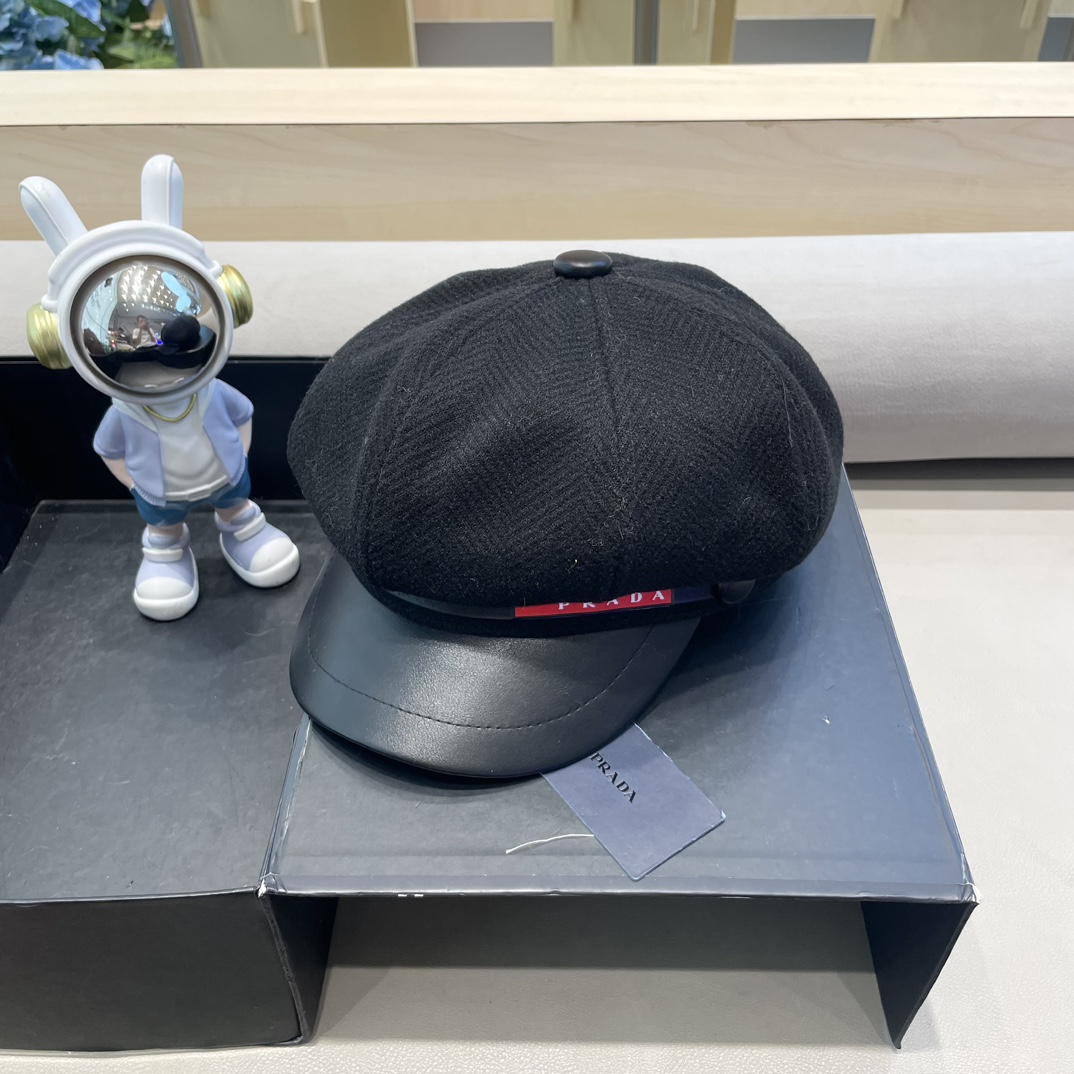 普拉达Prada秋冬新款韩版英伦格子毛呢皮檐八角帽女时尚百搭休闲复古画家帽潮