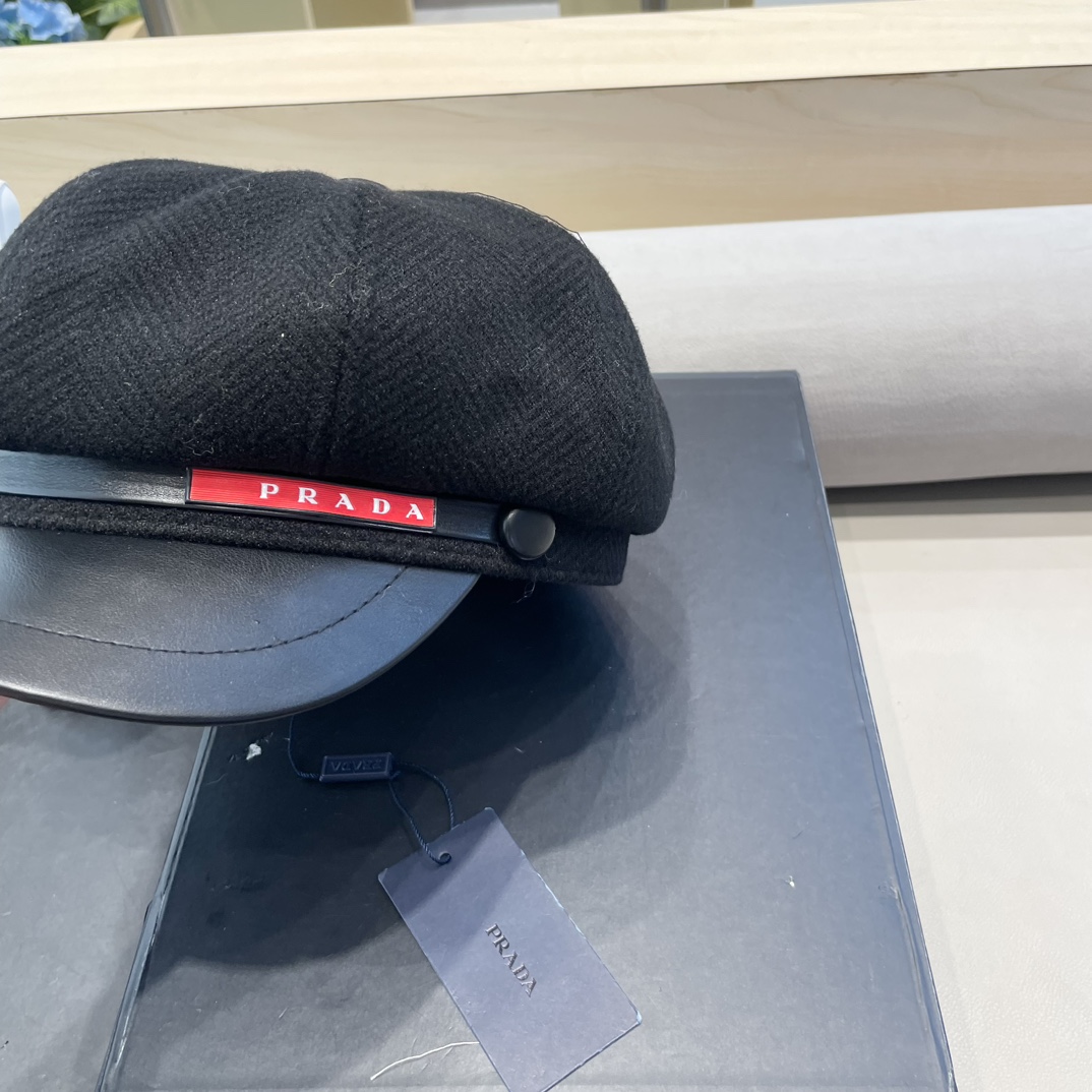 普拉达Prada秋冬新款韩版英伦格子毛呢皮檐八角帽女时尚百搭休闲复古画家帽潮