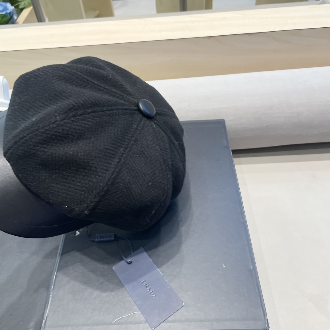 普拉达Prada秋冬新款韩版英伦格子毛呢皮檐八角帽女时尚百搭休闲复古画家帽潮