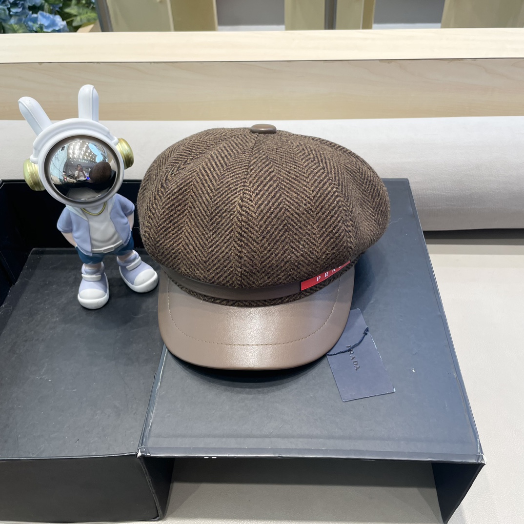 普拉达Prada秋冬新款韩版英伦格子毛呢皮檐八角帽女时尚百搭休闲复古画家帽潮