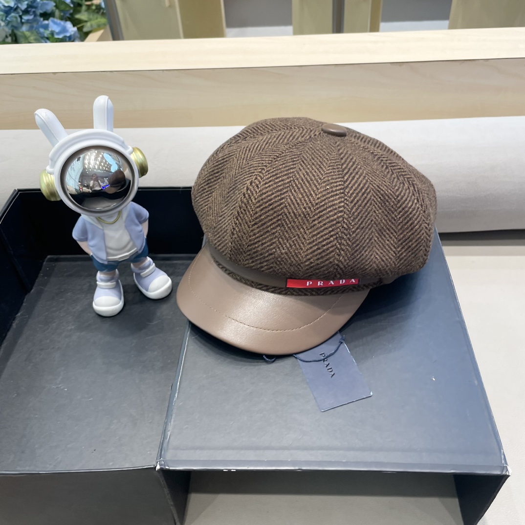 普拉达Prada秋冬新款韩版英伦格子毛呢皮檐八角帽女时尚百搭休闲复古画家帽潮