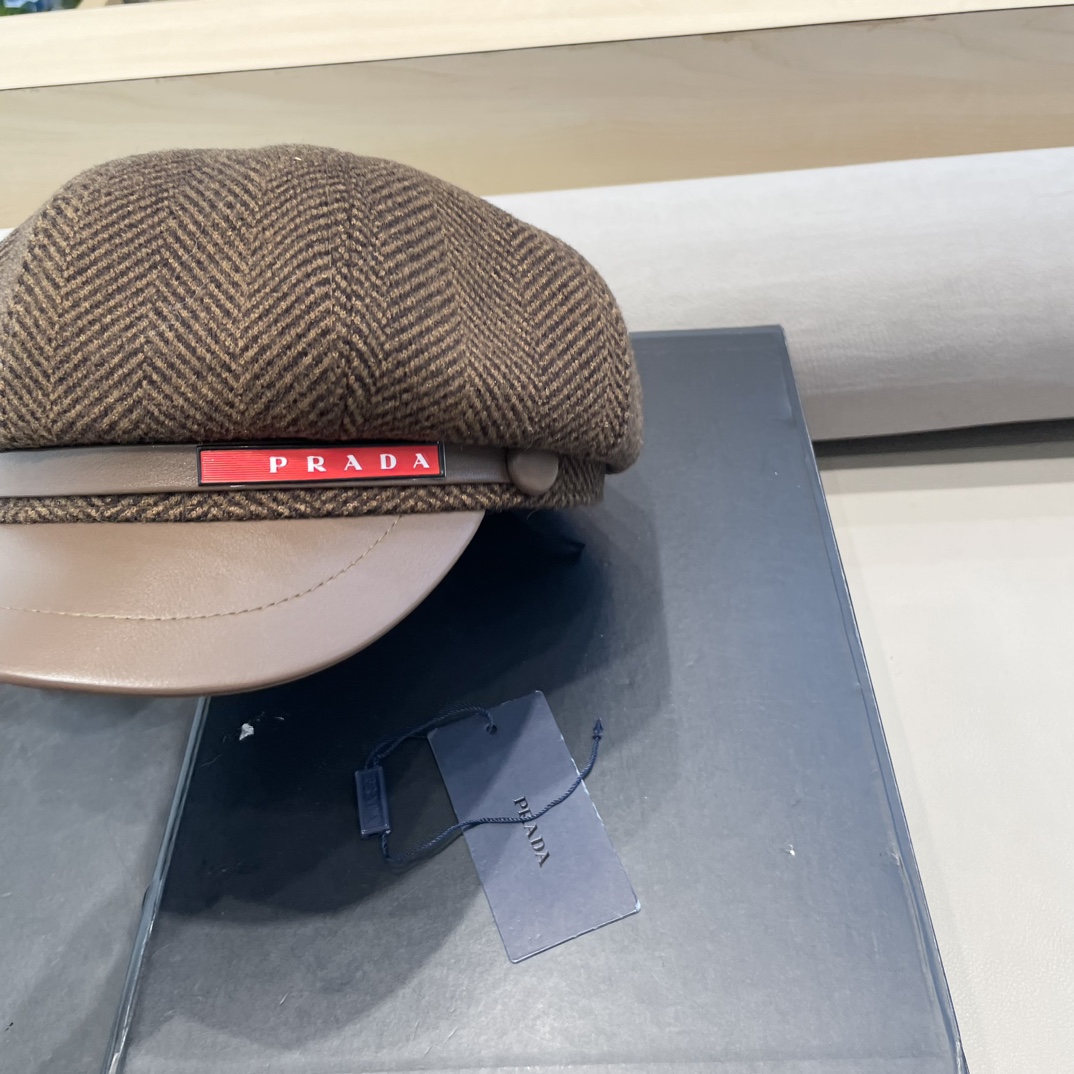 普拉达Prada秋冬新款韩版英伦格子毛呢皮檐八角帽女时尚百搭休闲复古画家帽潮