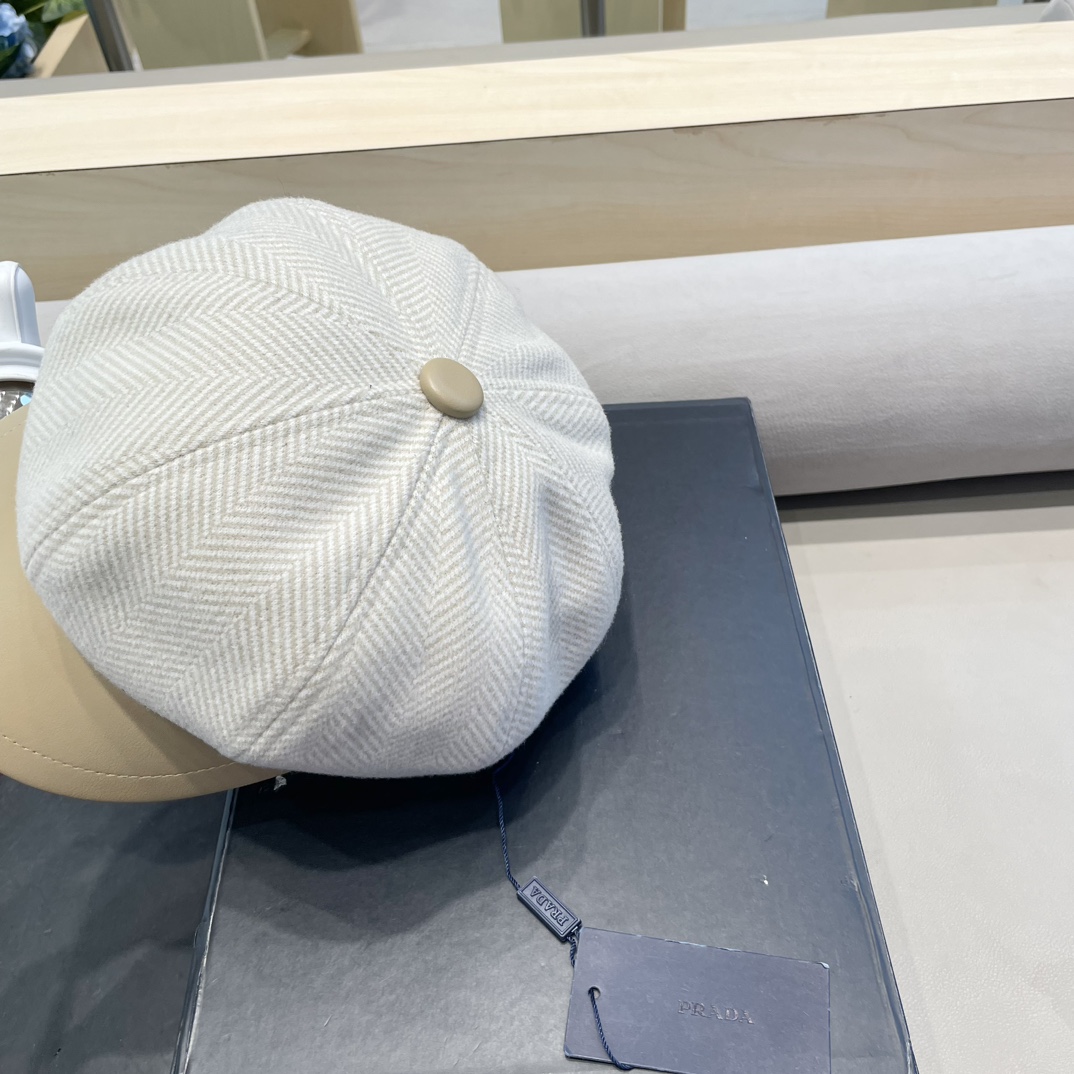 普拉达Prada秋冬新款韩版英伦格子毛呢皮檐八角帽女时尚百搭休闲复古画家帽潮