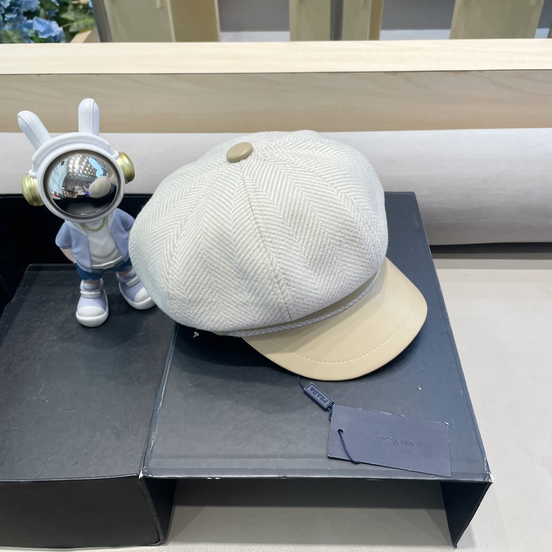 普拉达Prada秋冬新款韩版英伦格子毛呢皮檐八角帽女时尚百搭休闲复古画家帽潮