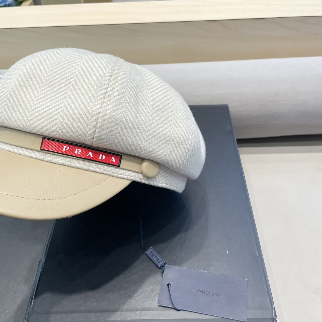 普拉达Prada秋冬新款韩版英伦格子毛呢皮檐八角帽女时尚百搭休闲复古画家帽潮