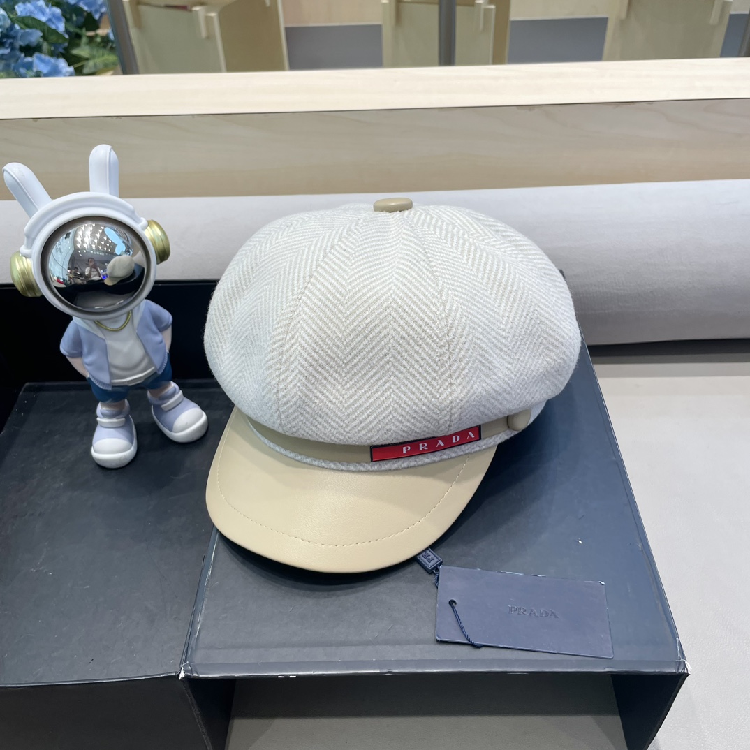 普拉达Prada秋冬新款韩版英伦格子毛呢皮檐八角帽女时尚百搭休闲复古画家帽潮