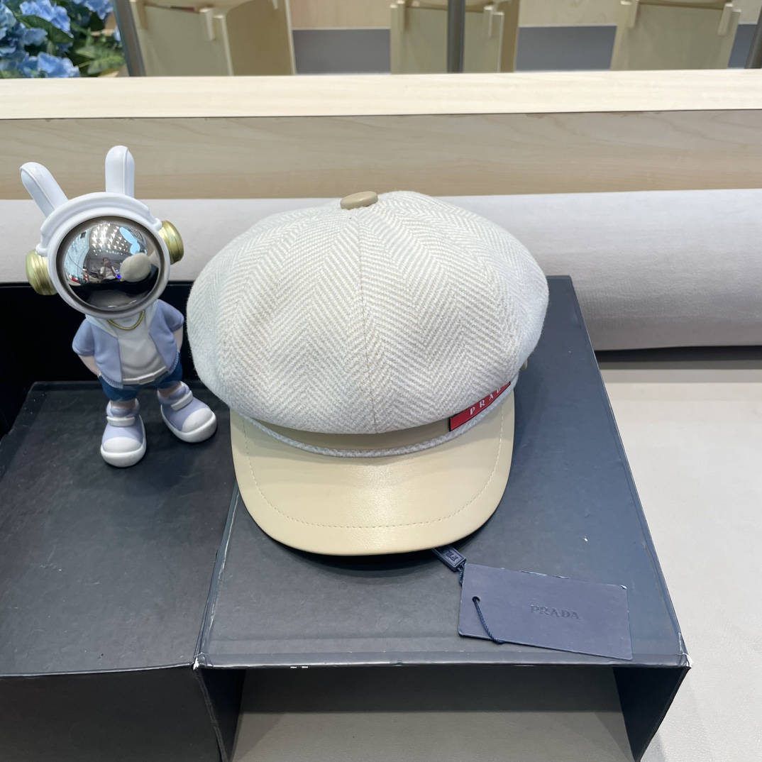 普拉达Prada秋冬新款韩版英伦格子毛呢皮檐八角帽女时尚百搭休闲复古画家帽潮