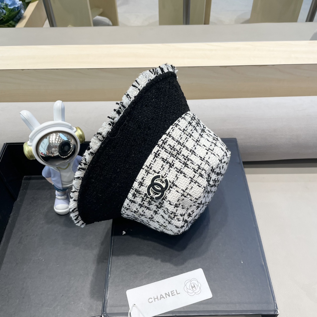 Chanel简奢小香~新款毛呢格纹渔夫帽女韩系秋冬复古气质时尚显脸小盆帽