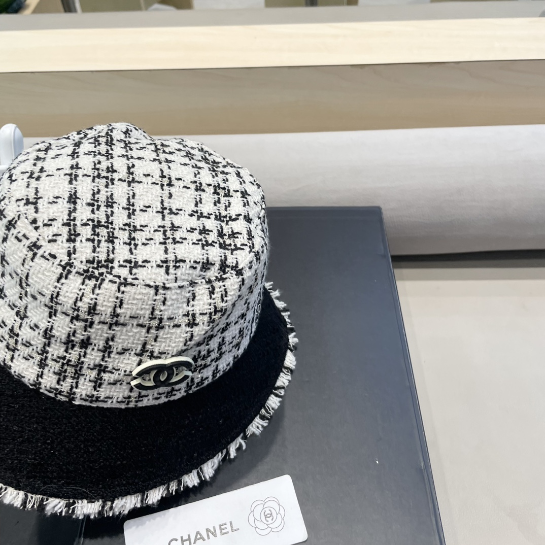 Chanel简奢小香~新款毛呢格纹渔夫帽女韩系秋冬复古气质时尚显脸小盆帽