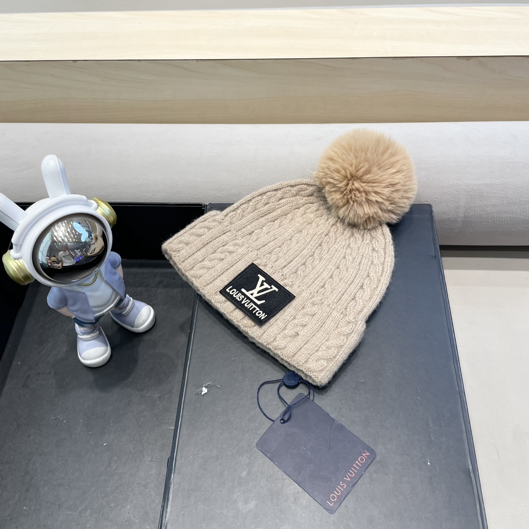 lv路易威登帽子女秋冬毛线帽韩版针织帽女士百搭毛球帽护耳冬季套头潮加厚帽