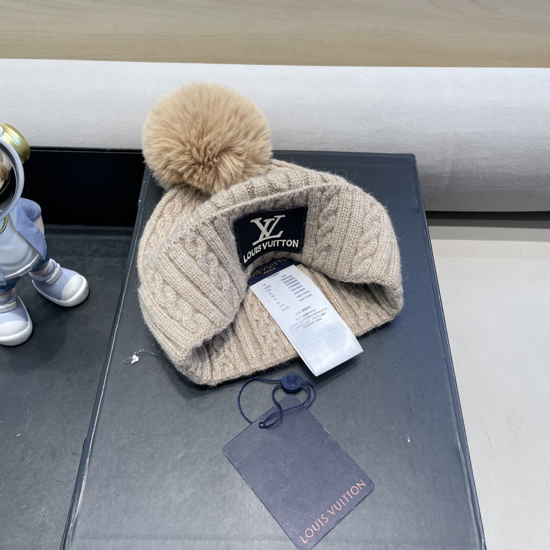 lv路易威登帽子女秋冬毛线帽韩版针织帽女士百搭毛球帽护耳冬季套头潮加厚帽