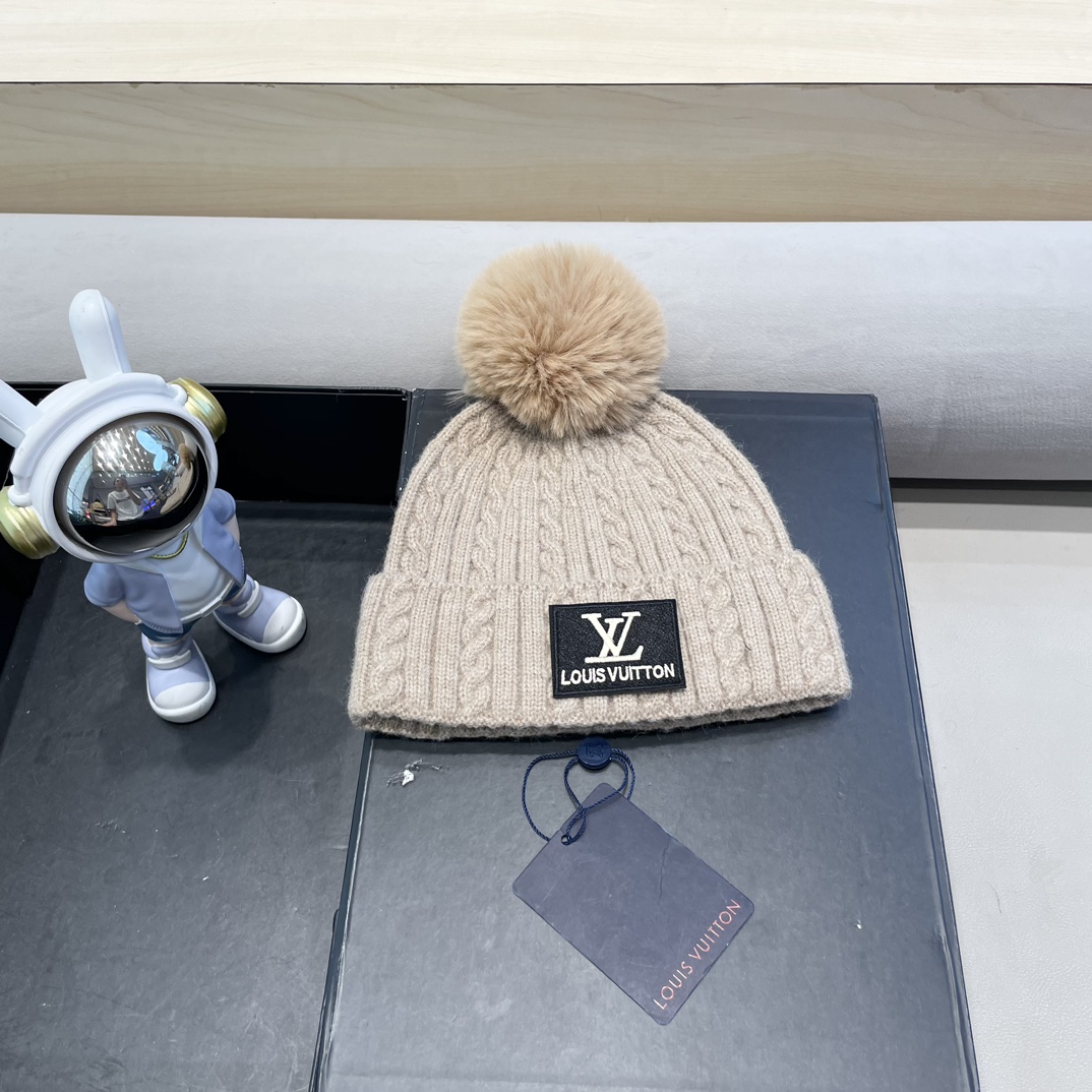 lv路易威登帽子女秋冬毛线帽韩版针织帽女士百搭毛球帽护耳冬季套头潮加厚帽