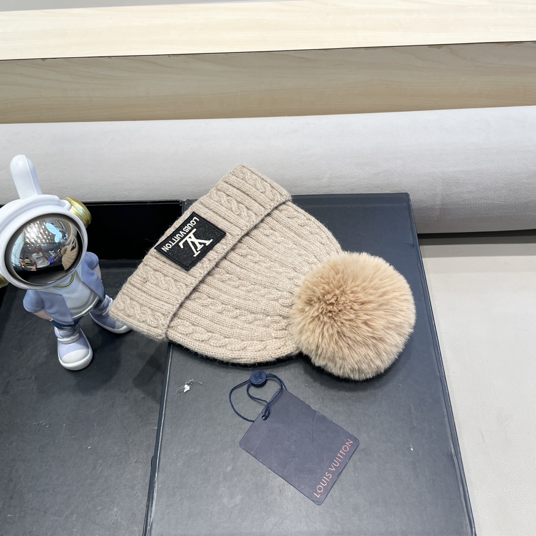 lv路易威登帽子女秋冬毛线帽韩版针织帽女士百搭毛球帽护耳冬季套头潮加厚帽