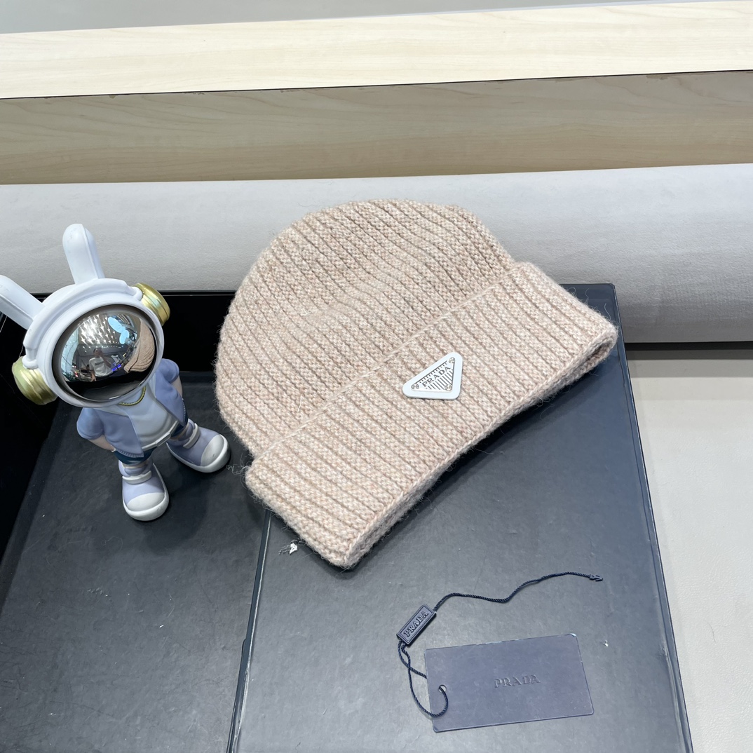  普拉达Prada立体版型显脸小秋冬百搭针织帽护耳保暖堆堆帽大头围月子毛线帽子