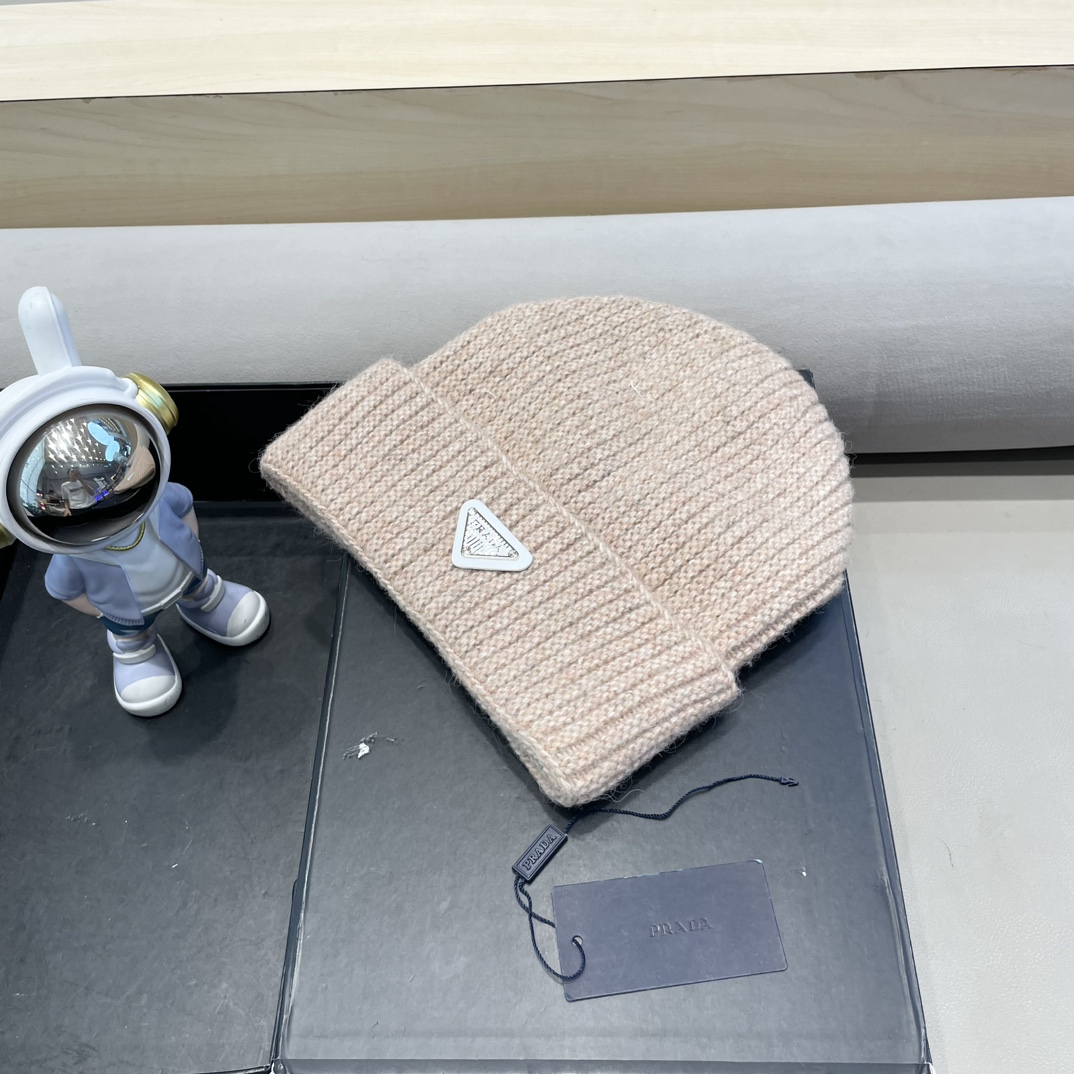  普拉达Prada立体版型显脸小秋冬百搭针织帽护耳保暖堆堆帽大头围月子毛线帽子