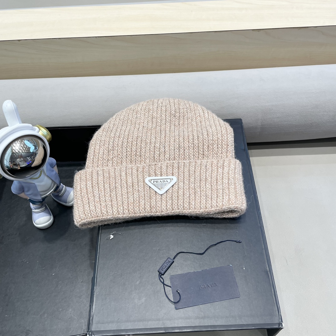  普拉达Prada立体版型显脸小秋冬百搭针织帽护耳保暖堆堆帽大头围月子毛线帽子