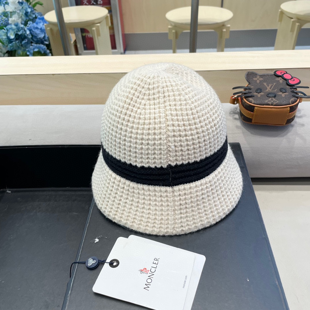 moncler秋冬渔夫帽织帽暖显脸小盆帽韩版拼色百搭帽子女针女保时尚毛线帽