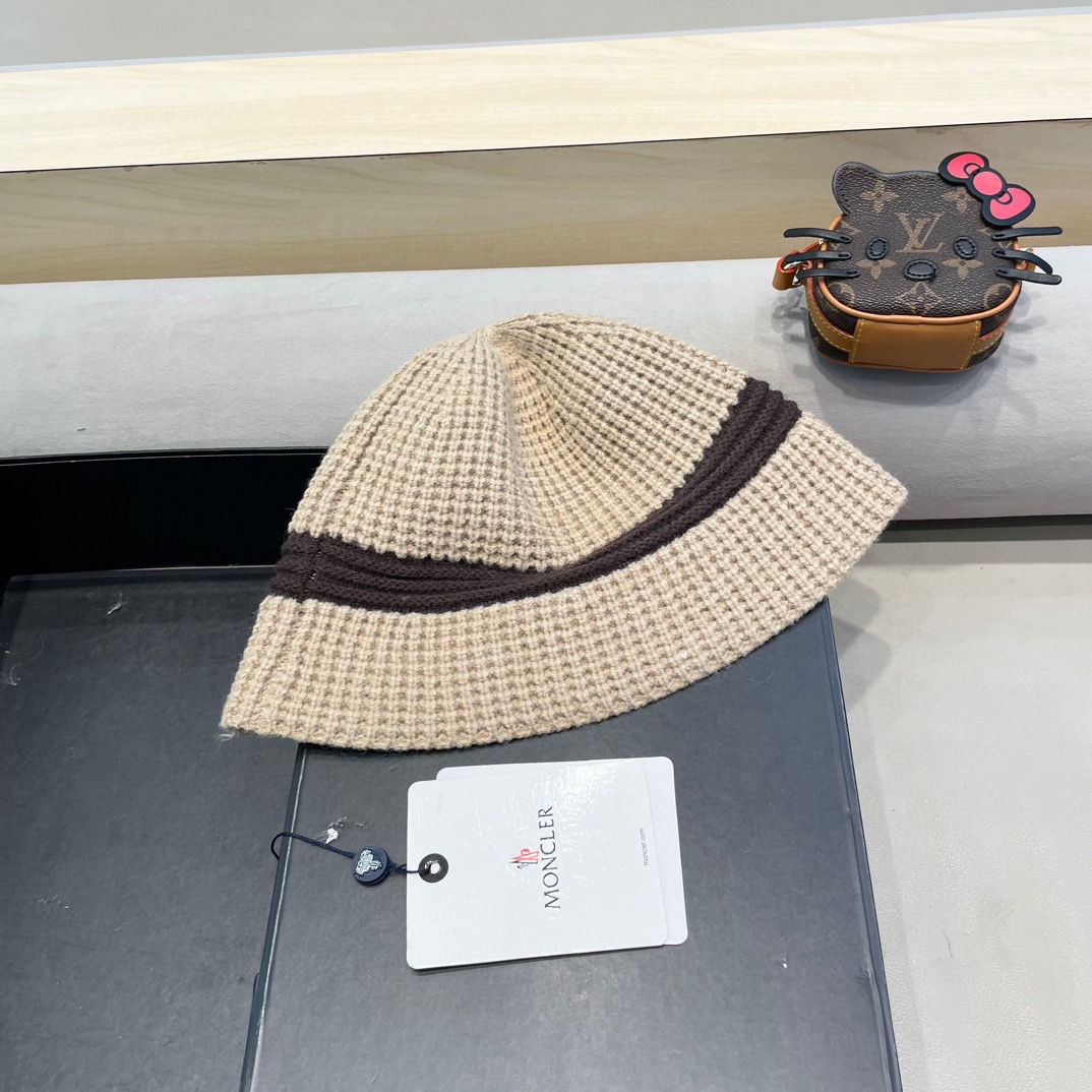 moncler秋冬渔夫帽织帽暖显脸小盆帽韩版拼色百搭帽子女针女保时尚毛线帽