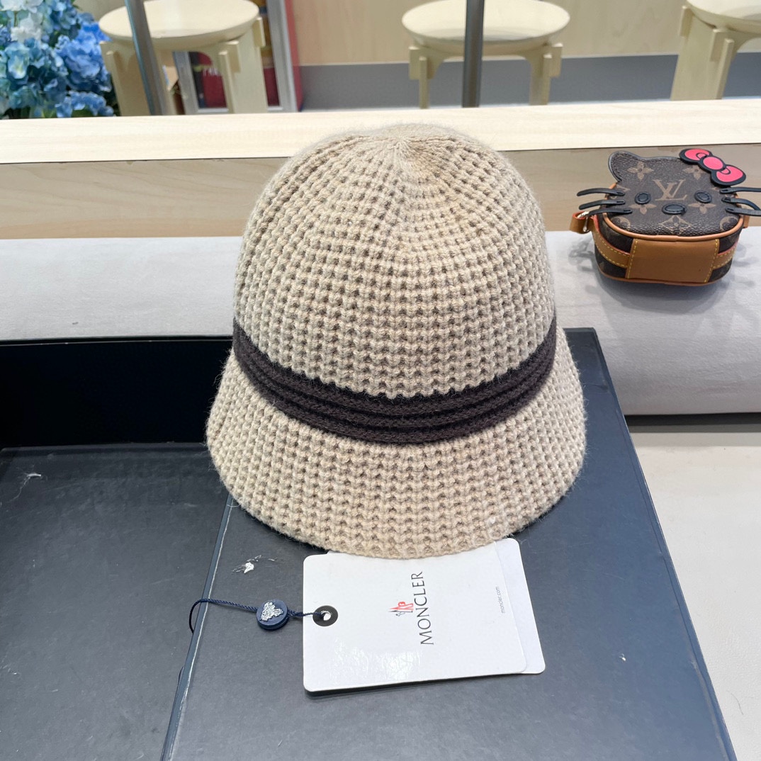 moncler秋冬渔夫帽织帽暖显脸小盆帽韩版拼色百搭帽子女针女保时尚毛线帽