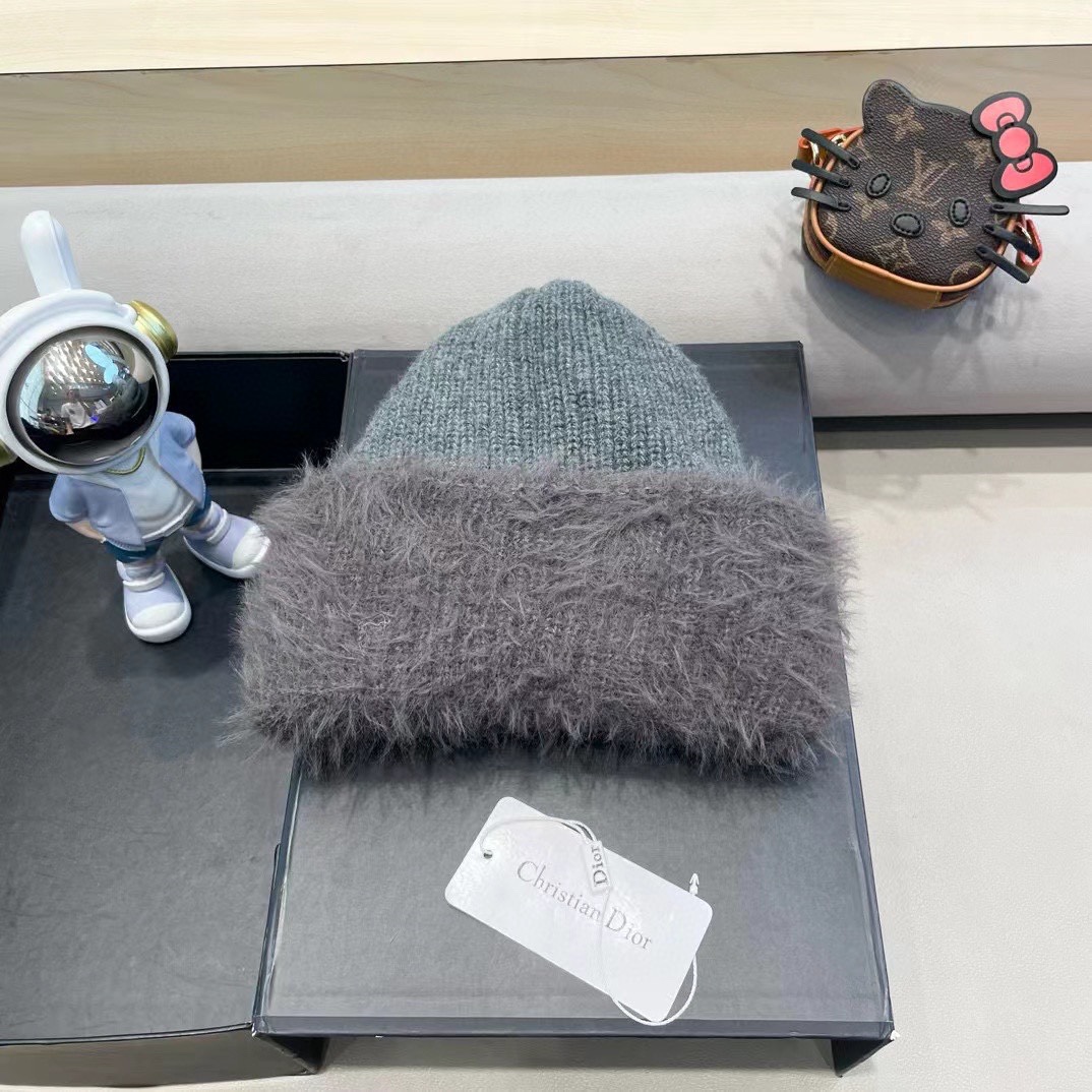 Dior 允旭/软糯针织长毛毛套头毛线帽冬季保暖双面可戴大头围堆堆帽