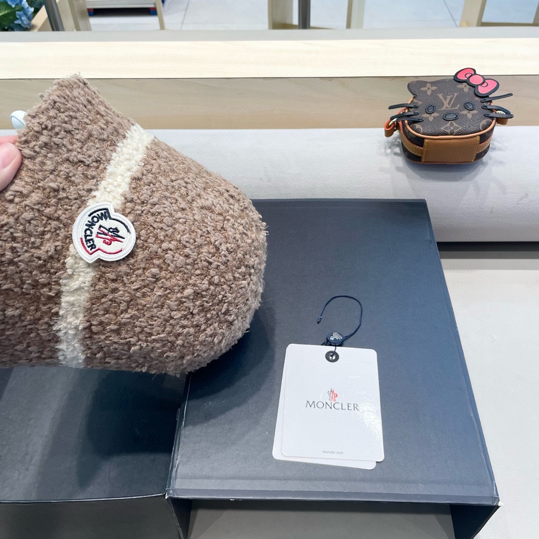 moncler秋冬渔夫帽帽子女针织纯色盆帽羊羔毛绒保暖防寒显脸小水桶帽优雅