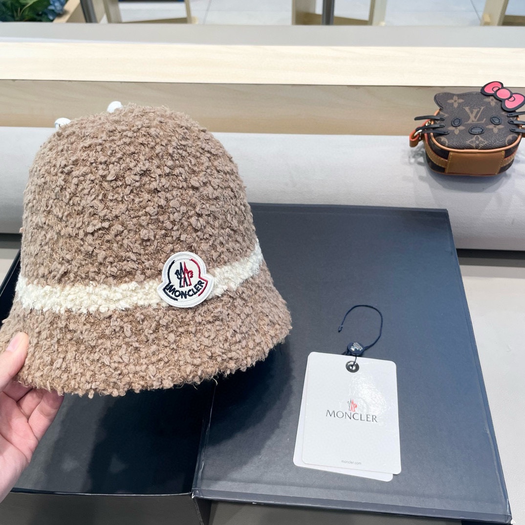 moncler秋冬渔夫帽帽子女针织纯色盆帽羊羔毛绒保暖防寒显脸小水桶帽优雅