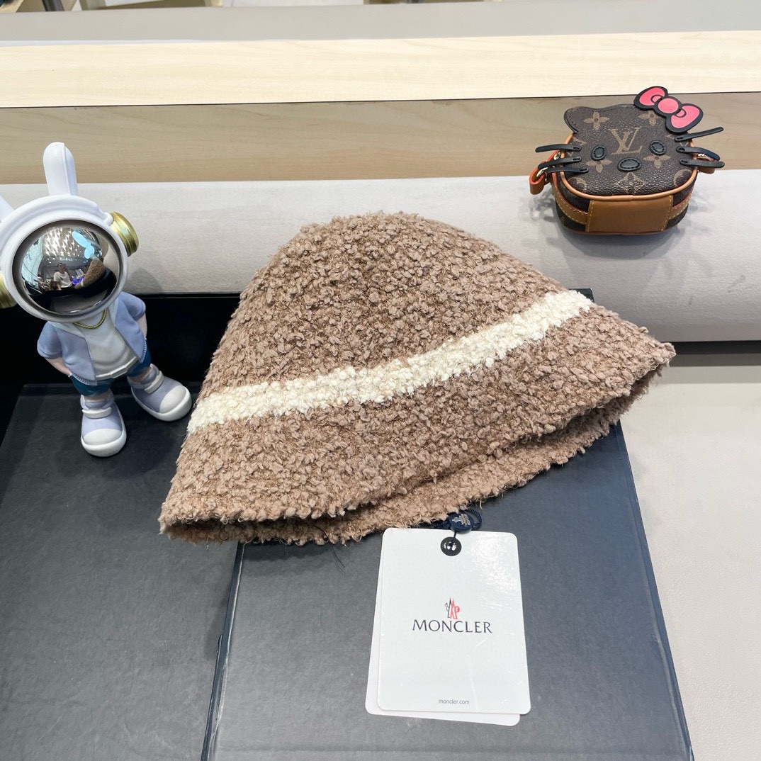 moncler秋冬渔夫帽帽子女针织纯色盆帽羊羔毛绒保暖防寒显脸小水桶帽优雅