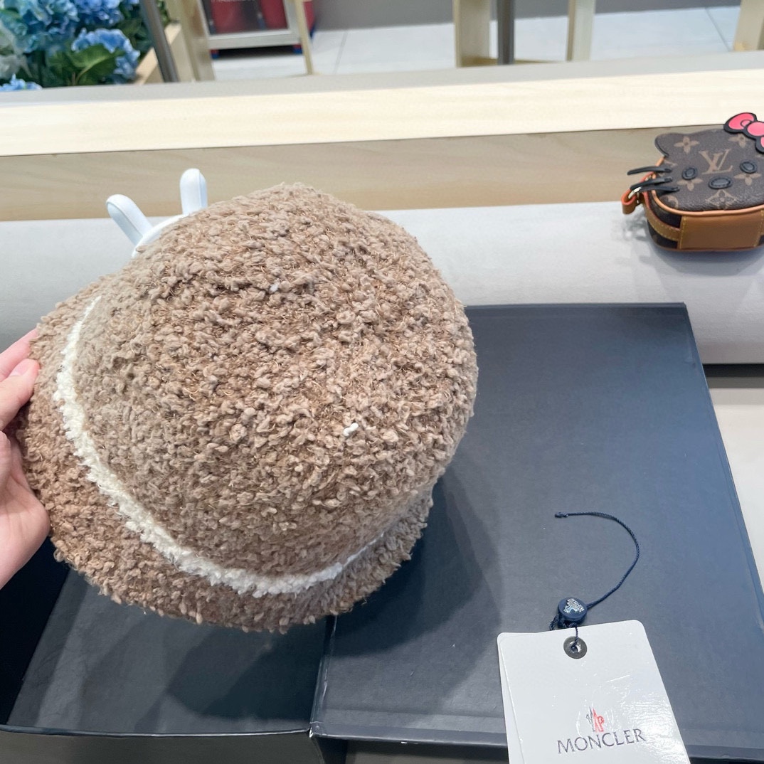 moncler秋冬渔夫帽帽子女针织纯色盆帽羊羔毛绒保暖防寒显脸小水桶帽优雅