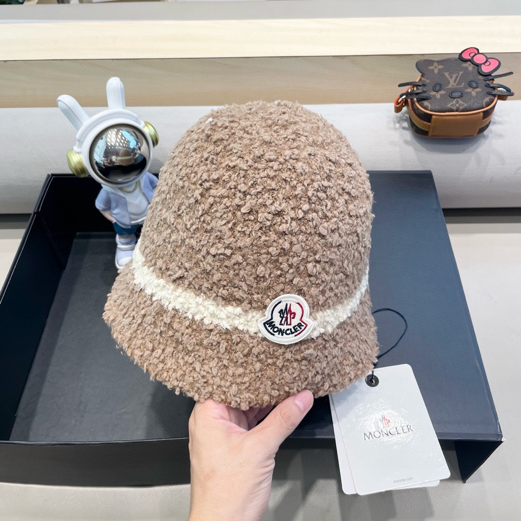 moncler秋冬渔夫帽帽子女针织纯色盆帽羊羔毛绒保暖防寒显脸小水桶帽优雅