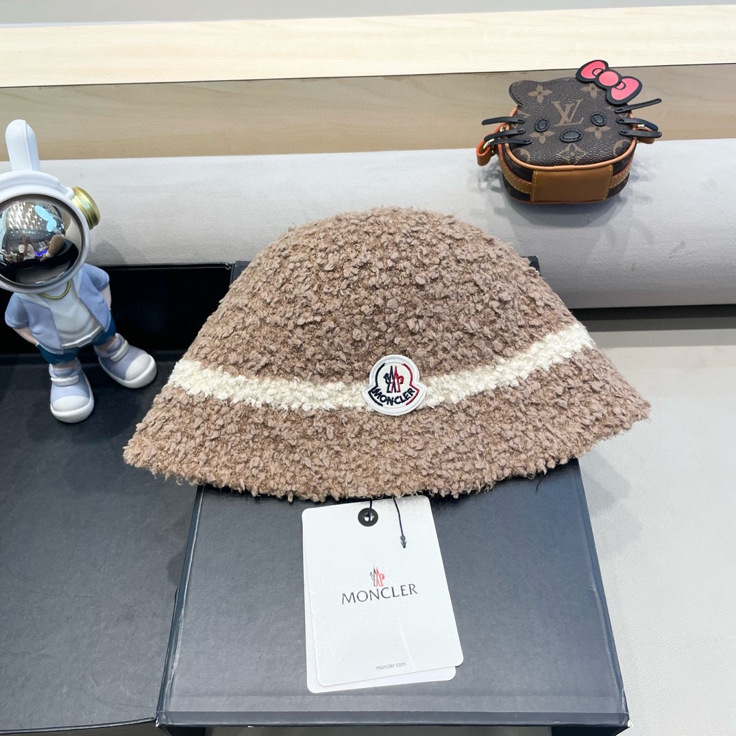 moncler秋冬渔夫帽帽子女针织纯色盆帽羊羔毛绒保暖防寒显脸小水桶帽优雅