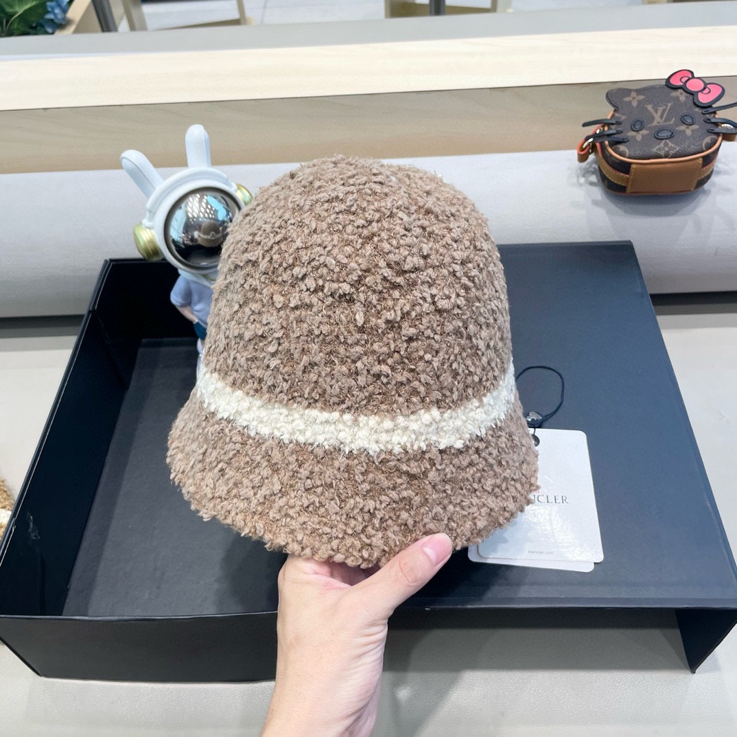 moncler秋冬渔夫帽帽子女针织纯色盆帽羊羔毛绒保暖防寒显脸小水桶帽优雅