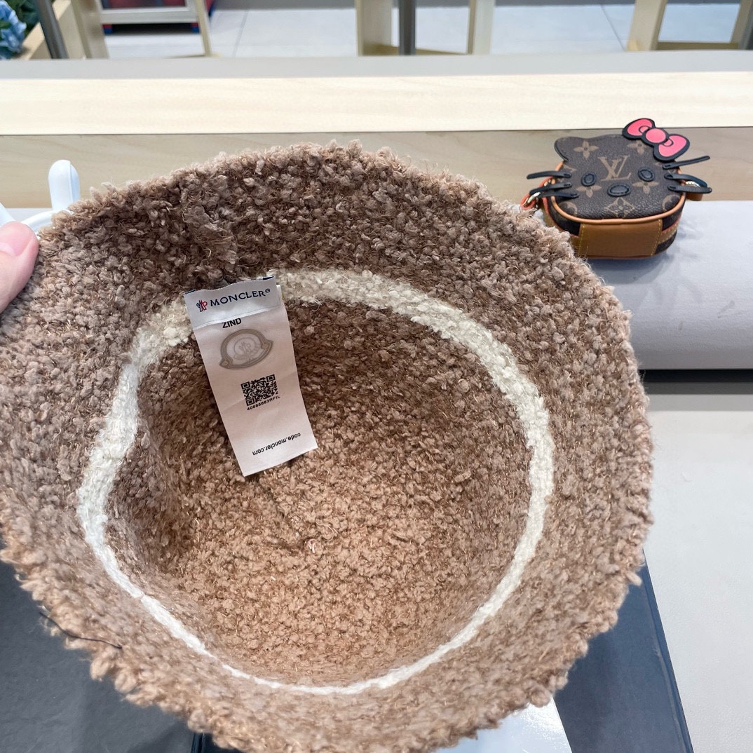 moncler秋冬渔夫帽帽子女针织纯色盆帽羊羔毛绒保暖防寒显脸小水桶帽优雅