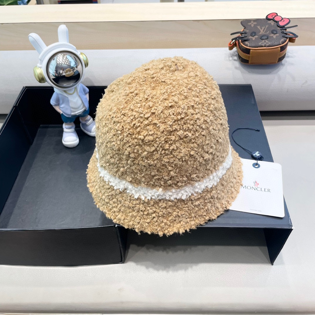 moncler秋冬渔夫帽帽子女针织纯色盆帽羊羔毛绒保暖防寒显脸小水桶帽优雅
