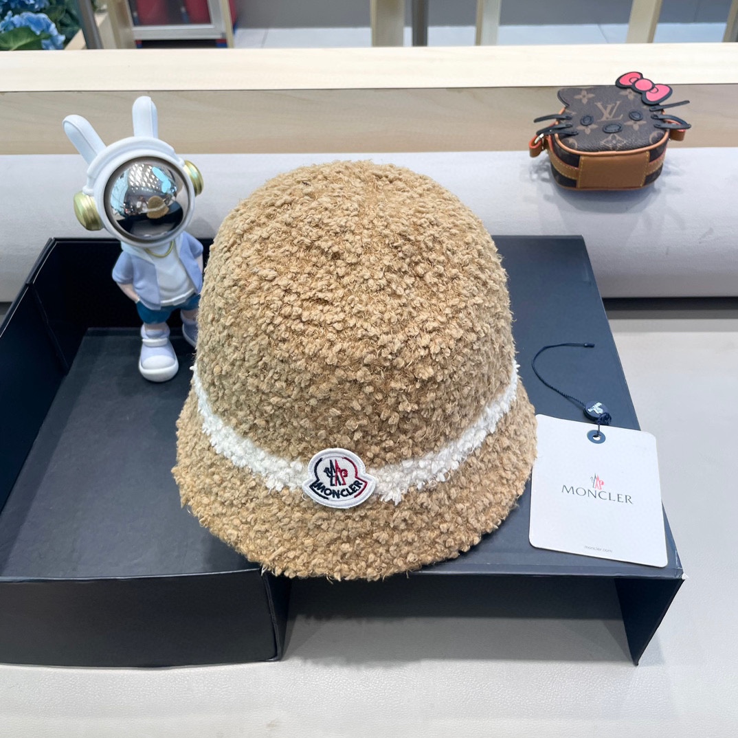 moncler秋冬渔夫帽帽子女针织纯色盆帽羊羔毛绒保暖防寒显脸小水桶帽优雅