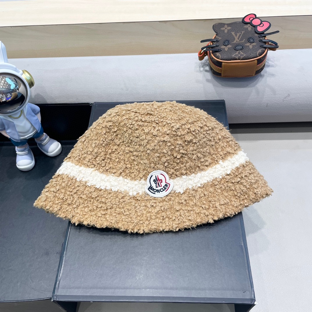 moncler秋冬渔夫帽帽子女针织纯色盆帽羊羔毛绒保暖防寒显脸小水桶帽优雅