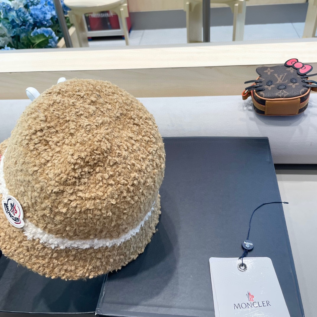 moncler秋冬渔夫帽帽子女针织纯色盆帽羊羔毛绒保暖防寒显脸小水桶帽优雅