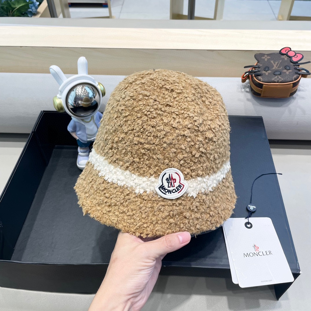 moncler秋冬渔夫帽帽子女针织纯色盆帽羊羔毛绒保暖防寒显脸小水桶帽优雅