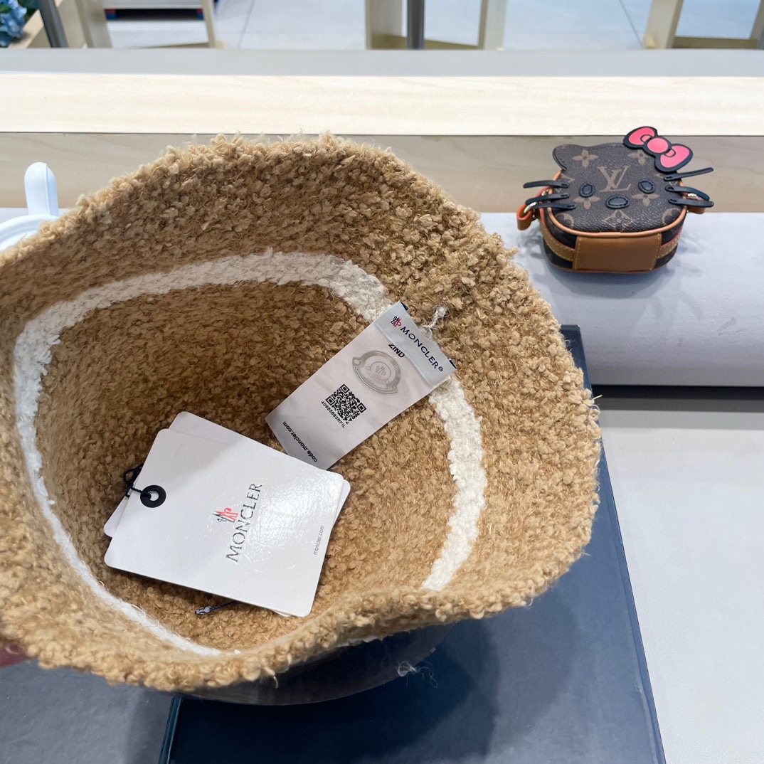 moncler秋冬渔夫帽帽子女针织纯色盆帽羊羔毛绒保暖防寒显脸小水桶帽优雅