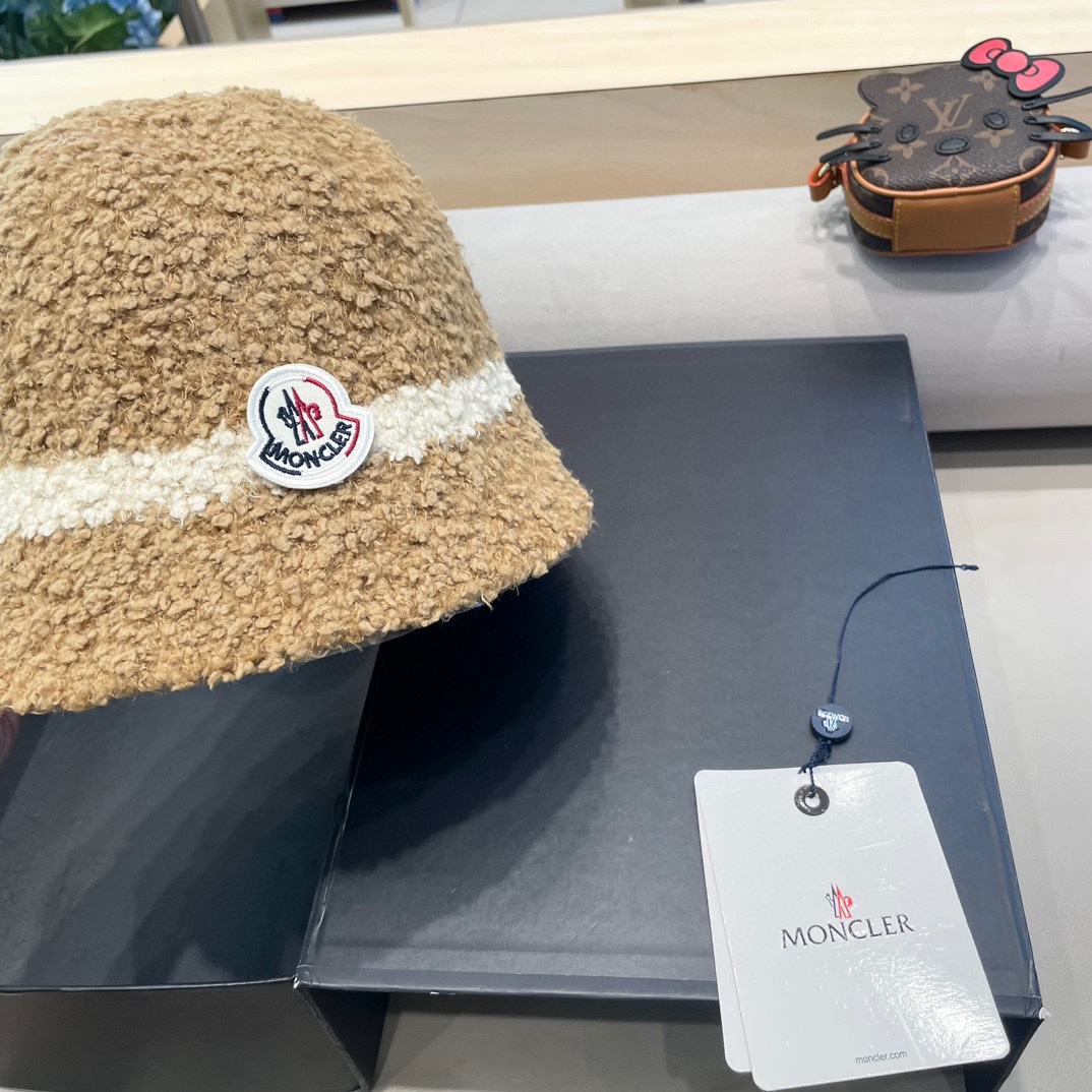 moncler秋冬渔夫帽帽子女针织纯色盆帽羊羔毛绒保暖防寒显脸小水桶帽优雅