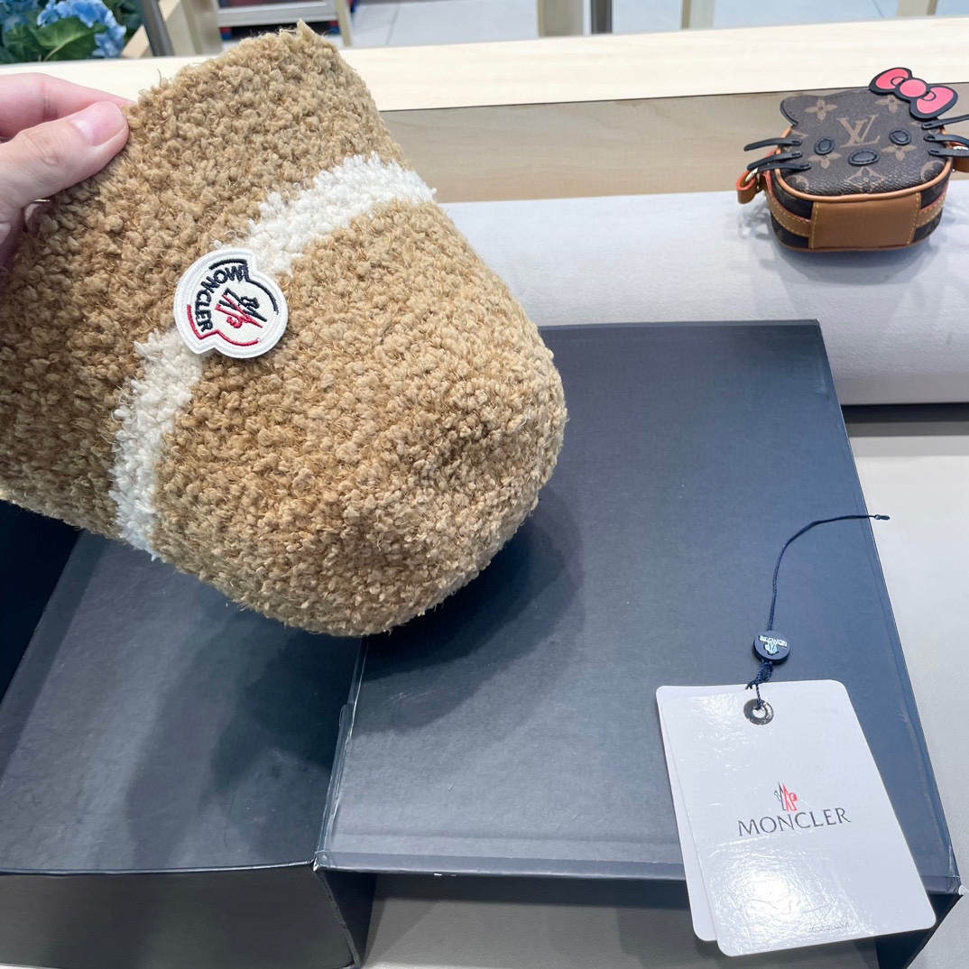 moncler秋冬渔夫帽帽子女针织纯色盆帽羊羔毛绒保暖防寒显脸小水桶帽优雅