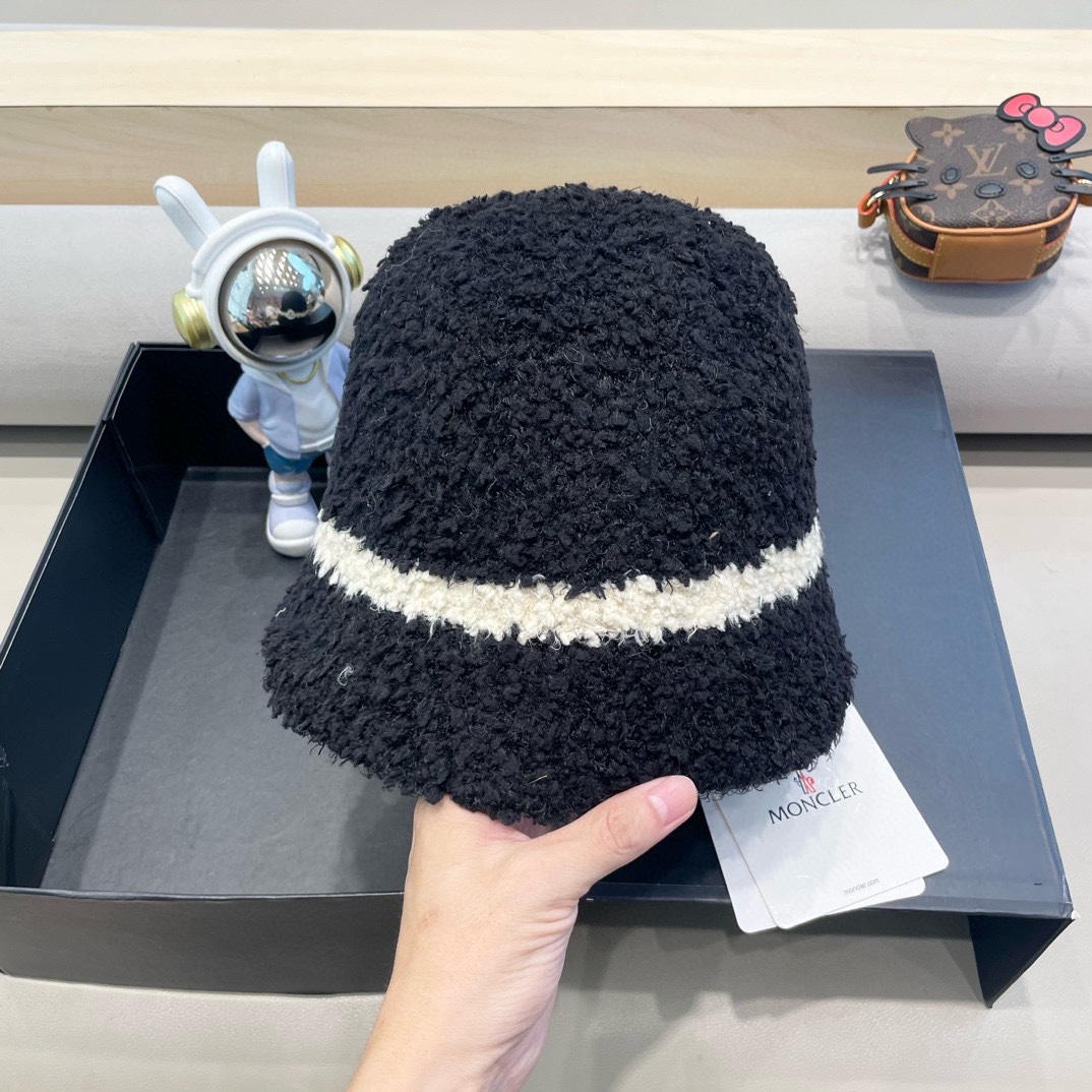 moncler秋冬渔夫帽帽子女针织纯色盆帽羊羔毛绒保暖防寒显脸小水桶帽优雅
