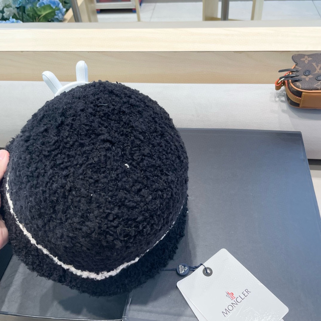moncler秋冬渔夫帽帽子女针织纯色盆帽羊羔毛绒保暖防寒显脸小水桶帽优雅