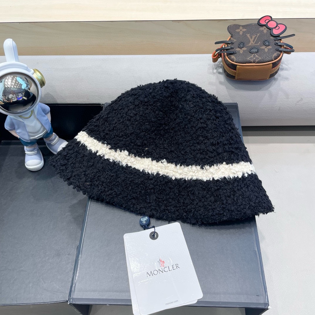 moncler秋冬渔夫帽帽子女针织纯色盆帽羊羔毛绒保暖防寒显脸小水桶帽优雅