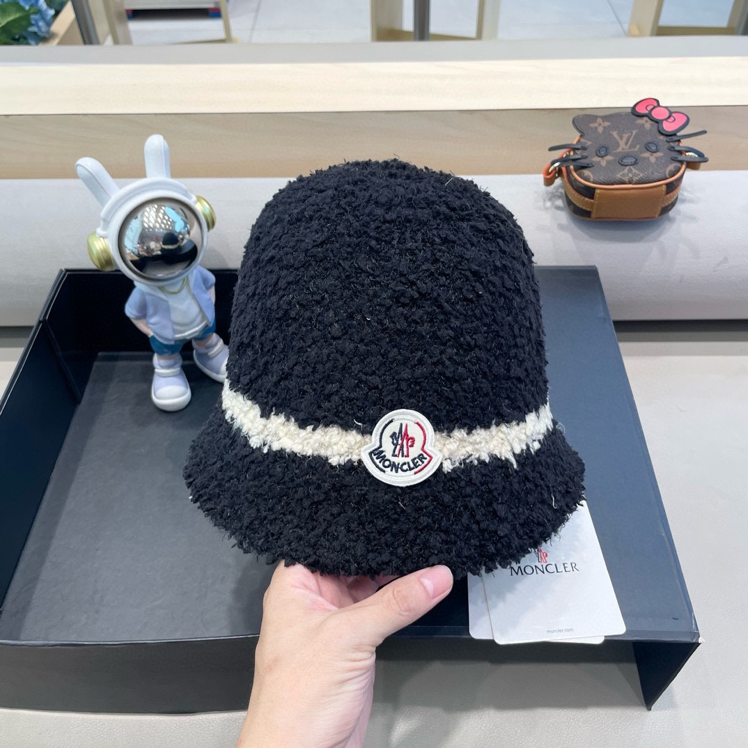 moncler秋冬渔夫帽帽子女针织纯色盆帽羊羔毛绒保暖防寒显脸小水桶帽优雅